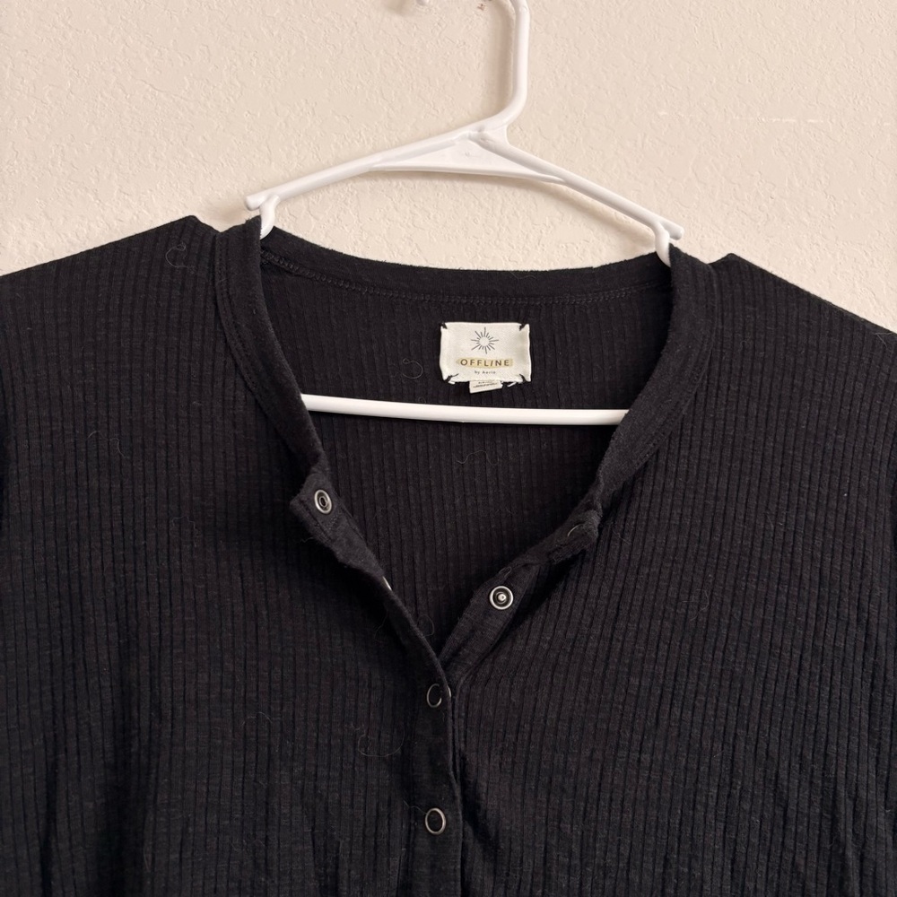 Aerie Black Ribbed Oversized Long Sleeve Top - size S - Picture 3 of 6